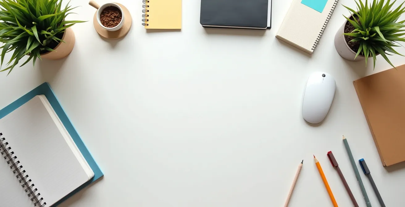 Vue en plongée d'un bureau en stratifié mat avec matériel scolaire organisé