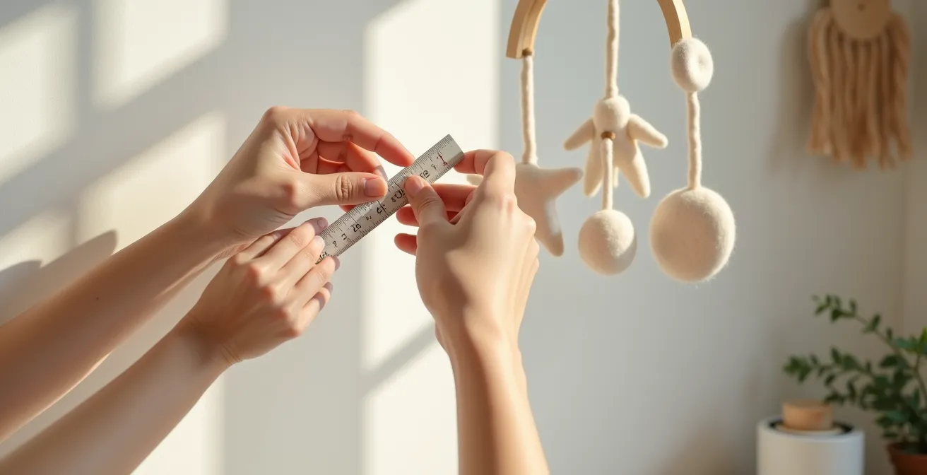 Parent vérifiant la solidité d'un mobile en feutrine avec test de traction