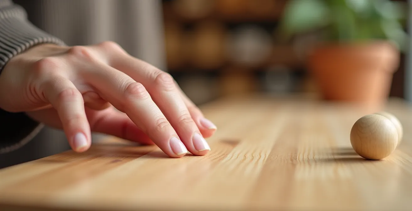 Main d'adulte examinant de près un jouet en bois dans un magasin