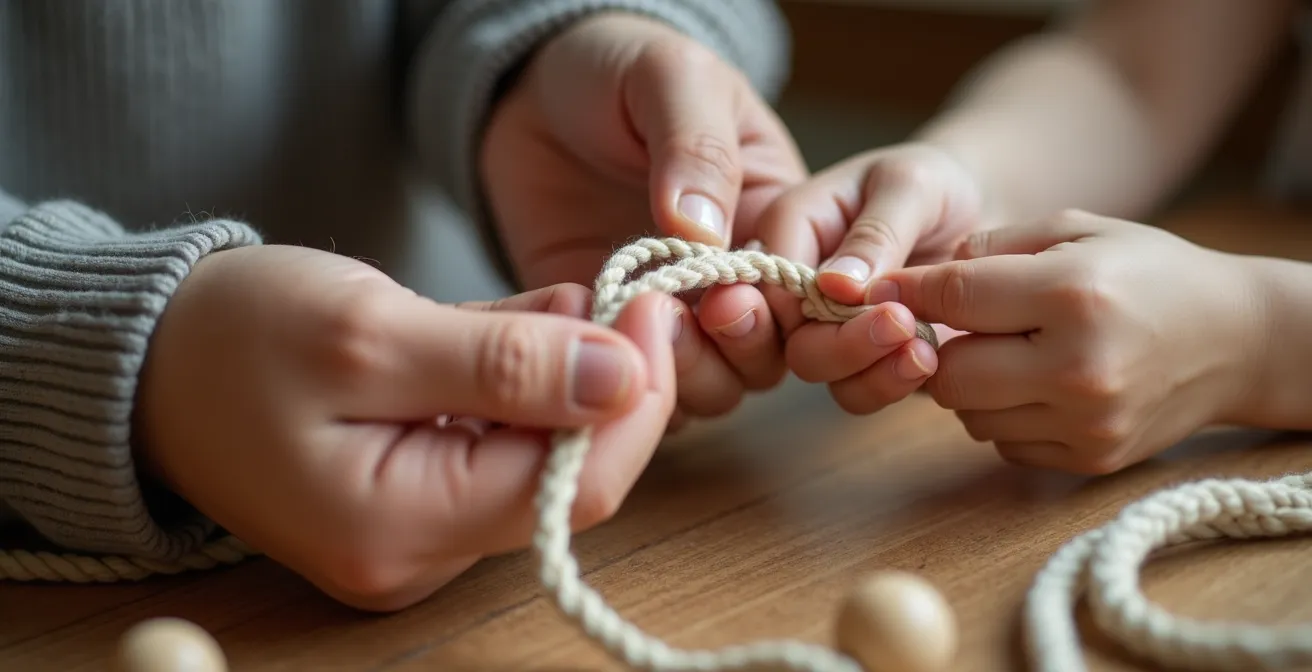 Mains d'adulte et d'enfant créant ensemble un nœud de macramé avec du coton beige naturel