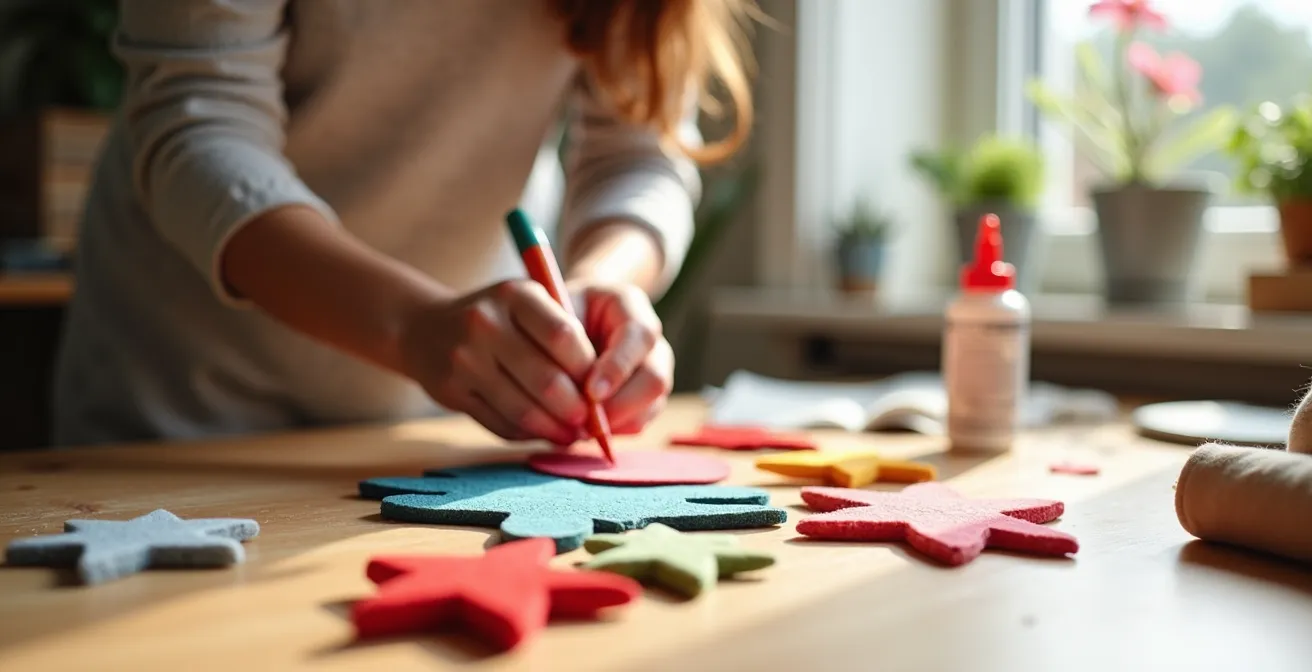 Mains créant un mobile en feutrine avec de la colle textile sur une table d'artisanat